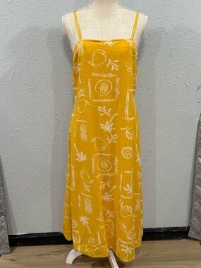 Japna Yellow Fruit and Palm Tree Print Cotton Linen Blend‎ Dress Size L